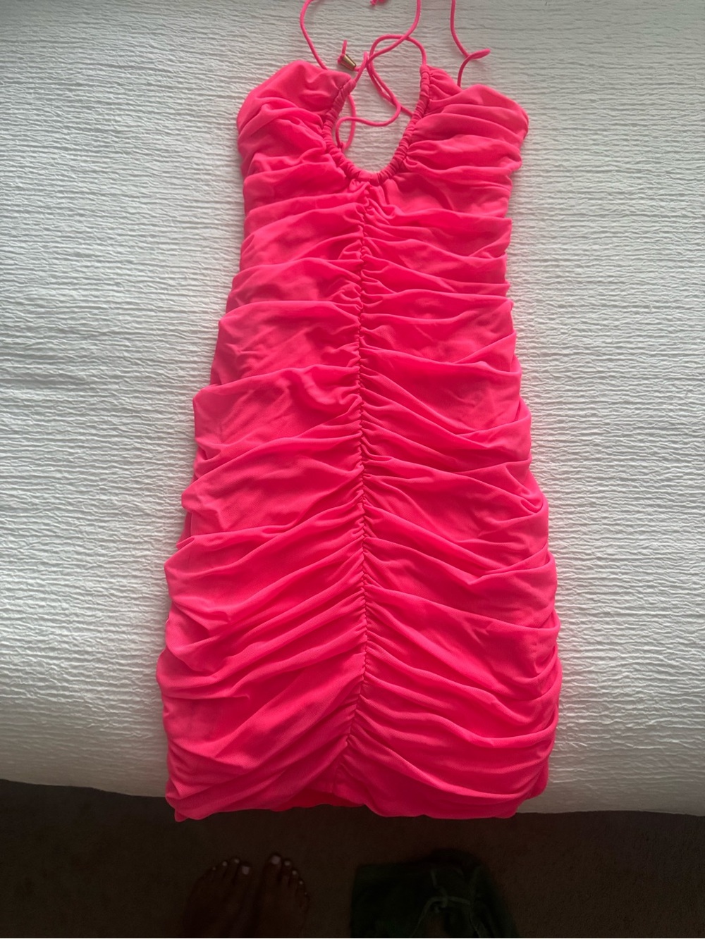 Neon Pink Ruched Halter Bodycon Dress